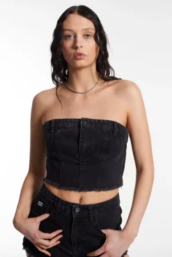 T-Shirts & Tops^The Ragged Priest Roxy Denim Corset Top Charcoal